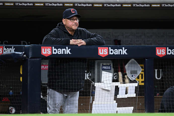 Jun 13, 2023; San Diego, California, USA; Cleveland Guardians manager Terry Francona (77) looks on from the dugout during the seventh inning against the San Diego Padres at Petco Park. Mandatory Credit: Orlando Ramirez-USA TODAY Sports